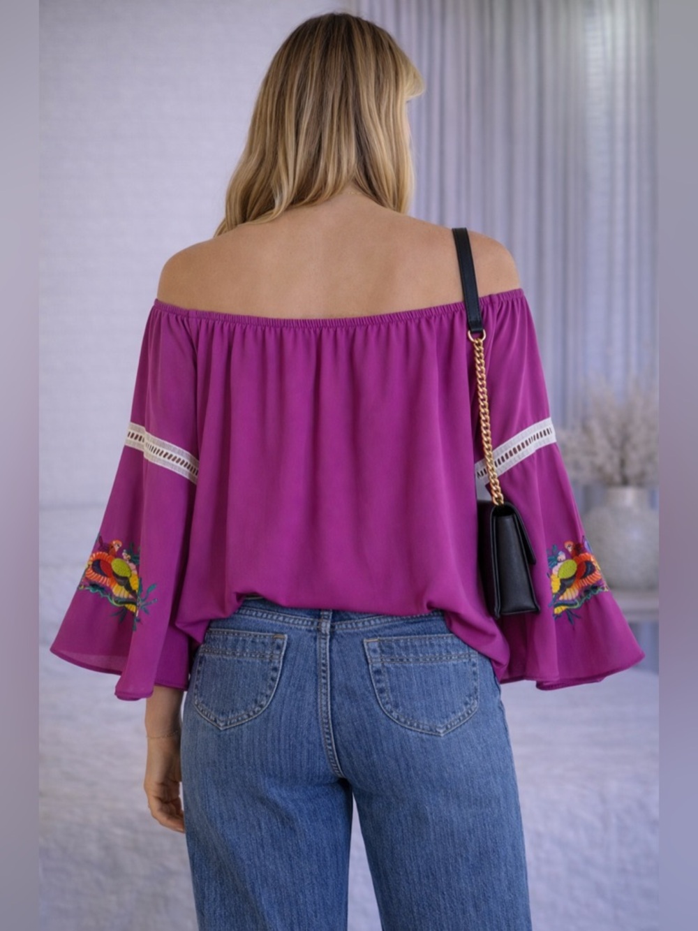 Vava by Joy Han Embroidered Off Shoulder Blouse Pink Boho Peasant Top | Size XS - Picture 3 of 10